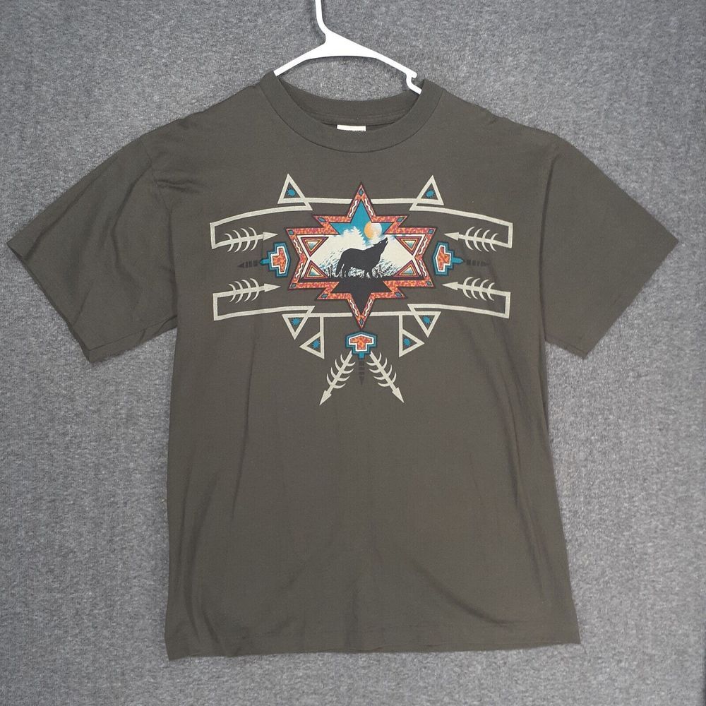Vintage Alore Wolf print t shirt Mens L Olive Single stitch Made in usa Aztec SS